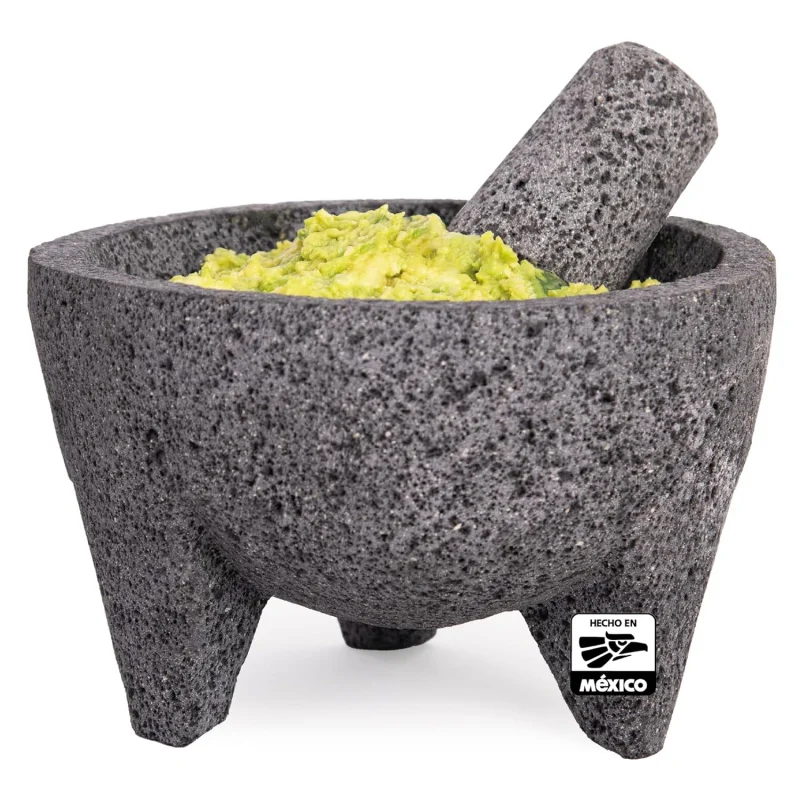 Molcajete 8 in Mexican, Handmade with Natural Volcanic Stone, Artisanal Kitchen Utensil for Grinding with Pores for Crushing, Sp