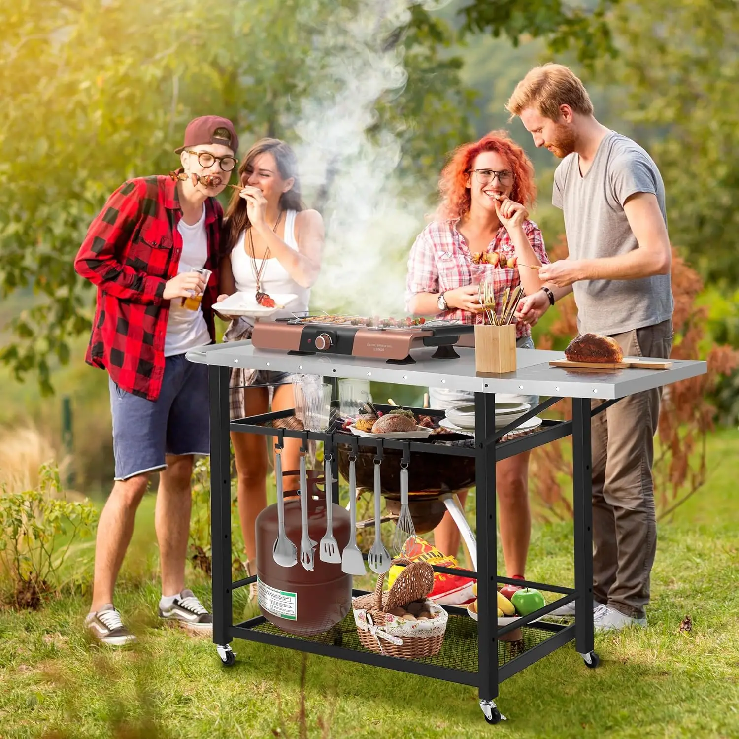 Mesa de carrinho de grelha ao ar livre Rengue com 4 rodas, mesa móvel de suporte para forno de pizza com mesa lateral dobrável, cozinha ao ar livre com 3 prateleiras