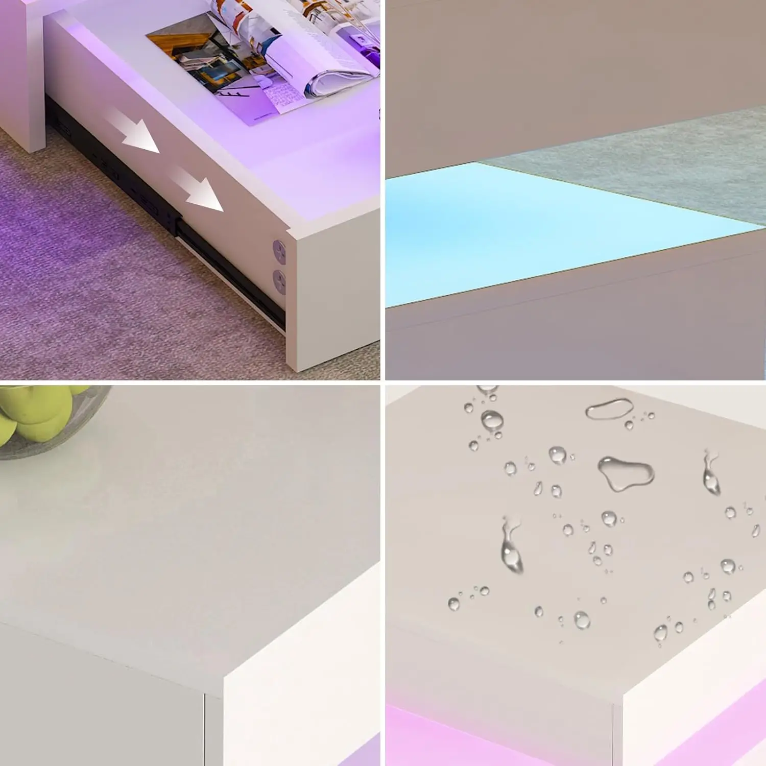 LED Coffee Table for Living Room - 2-Tier Modern High Gloss Square Table with Storage Drawers, 24-Color Adjustable Lights, Conte