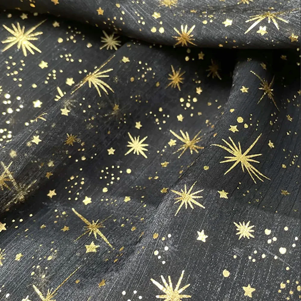 150x50cm Glitter Golden Gilded Star Moon Organza Fabric Wrinkle Sheer Crepe Tulle DIY For Sewing Women Dresses Garment Materials