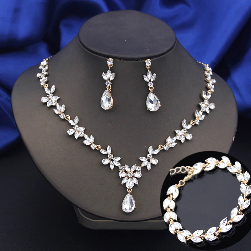 Exquisite 3 Pcs Fashion Jewelry Set for Women Bridal Wedding Bracelets Earrings and Necklace Sets Bride Costume Accessories