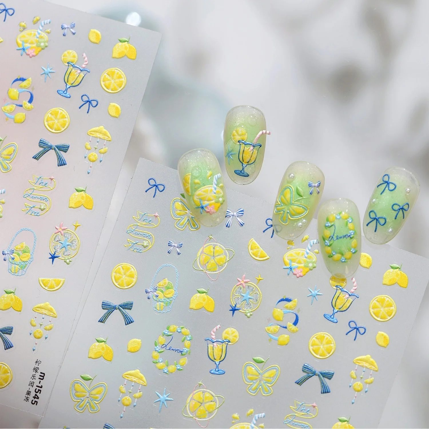 5D Summer Lemon Fruit Nail Stickers Sliced Lemon Drink Cup Butterfly Ribbon Bow Wreath Star Self‑Adhesive Nail Decals Manicure