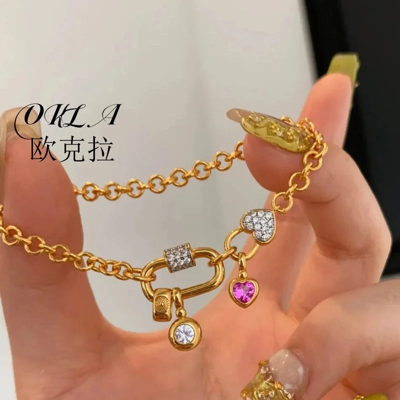 

OKLA French Style Retro Red Zircon Heart Design Bracelets Fashion Gold Color Chain Bracelet Hand Jewelry For Women