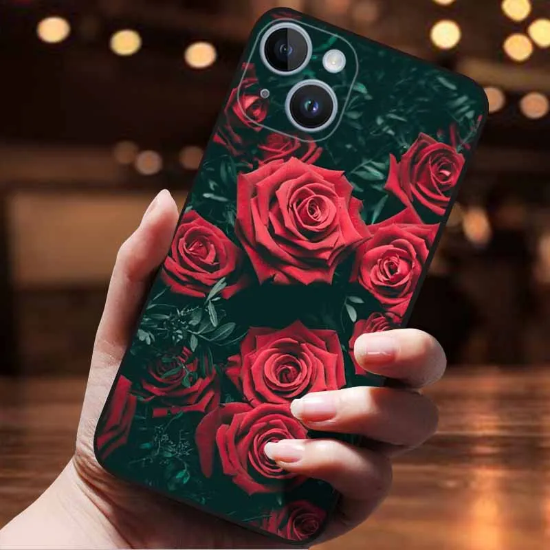 Red Rose Funda Phone Case For iPhone 16 Pro 14 Plus 15 13 Pro Max Mini Flower Pattern Back Cover Shell Luxury Fashion Capa Shell