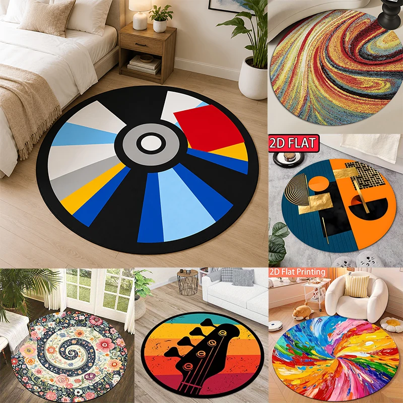 Assorted Modern Style Round Rug Abstract Geometry Music Flower Swirl Pattern Circular Mat Stylish Decor Floor Mat Entryway Decor