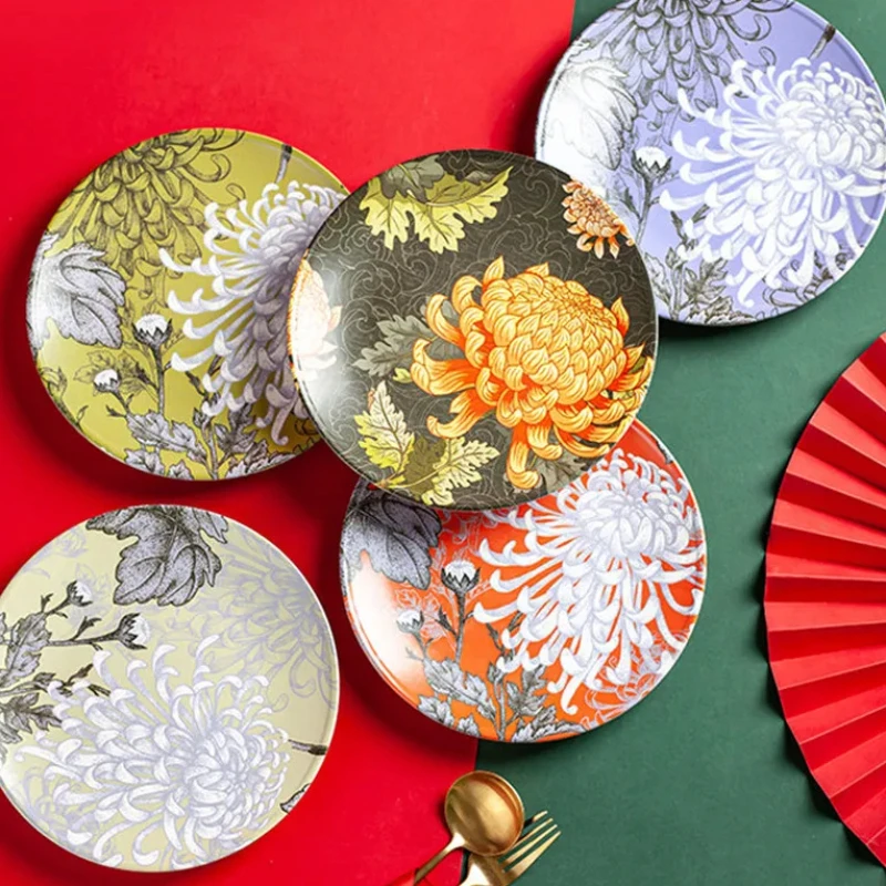 Flowers Ceramic Dinner Plate Steak Plate Round Dish Finnerware Fruit Salad Bowl Dessert Cake Pan Decorative Tableware