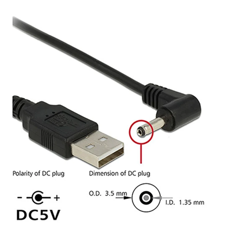 Black Elbow 90 USB Male to Male DC Power Cable DC 5.5*2.5mm 3.5*1.35mm Charging Cable Line 5.5*2.1mm USB Extension Cable 0.8M