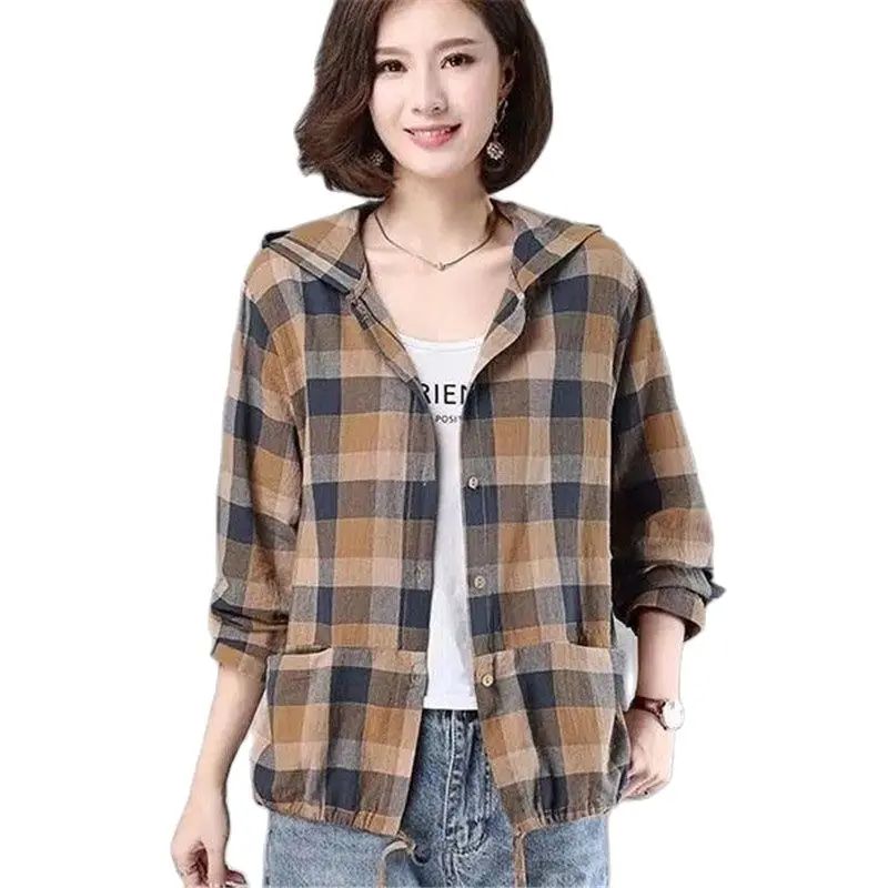 

Fashion Women Hooded Plaid Jacket Female 2023 New Spring Summer Autumn Korean Loose Casual Thin Shirt Coat Sunscreen Clothing
