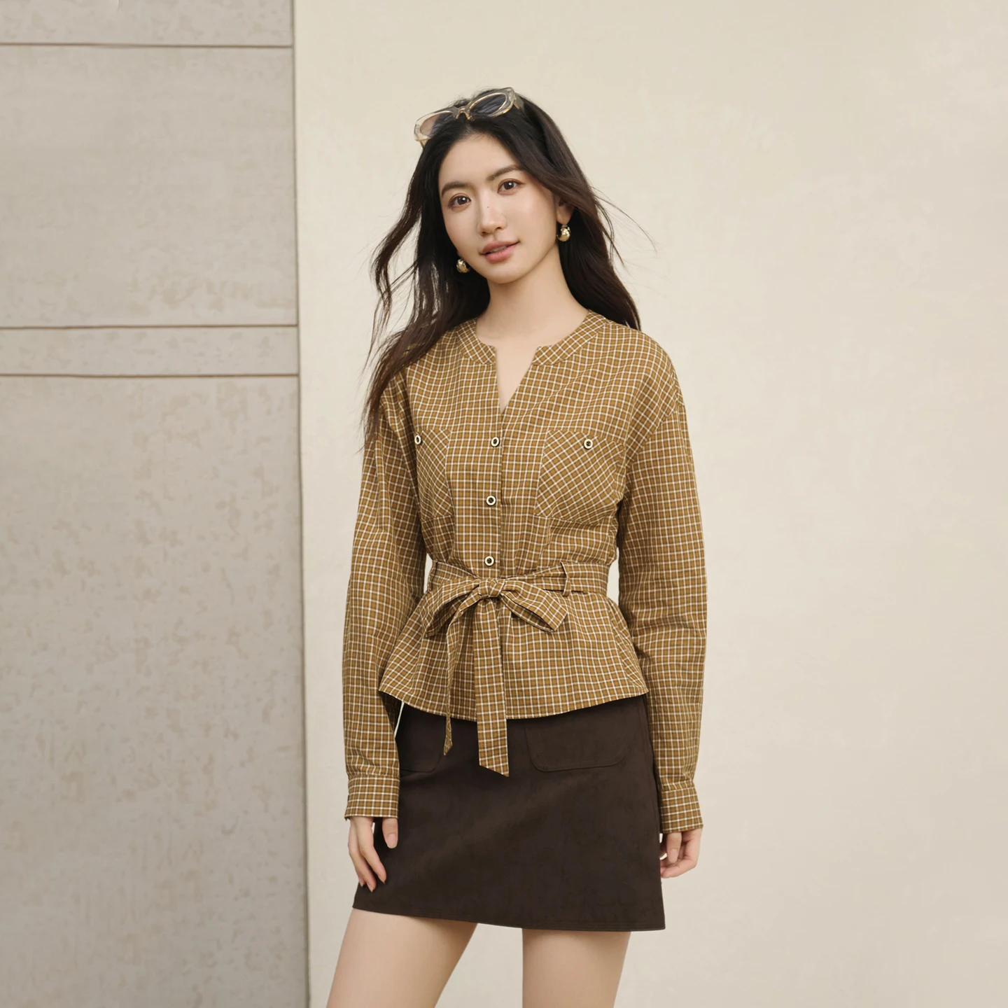 SENTUBILA Women's Plaid Top 2026 Vintage Detachable Belt Stylish Long Sleeve Blouse Spring Autumn Casual Ladies Shirt 163CA8048
