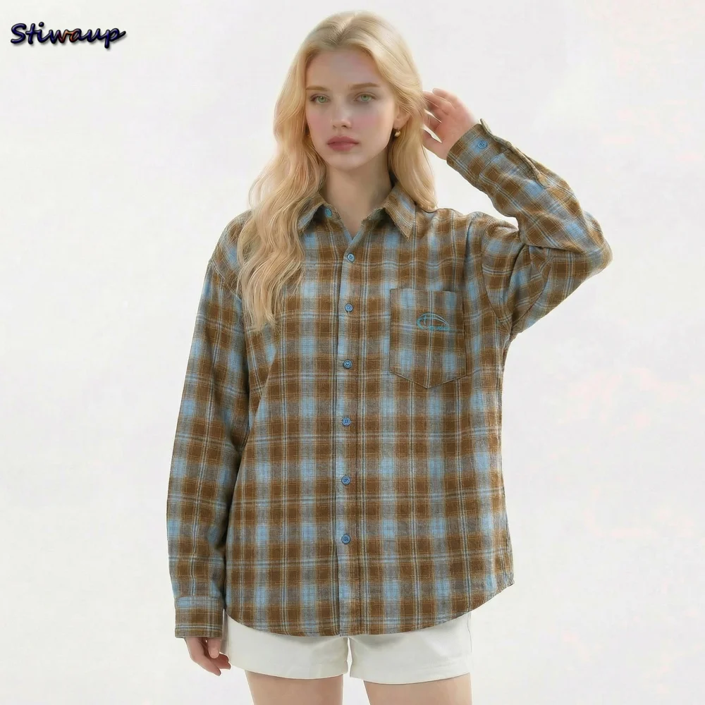 Camisa a cuadros vintage de manga larga para mujer, blusas oversize de moda de otoño, camisas unisex holgadas con solapa y bolsillo para hombre