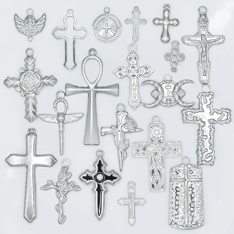 Never Fade Silver Color Stainless Steel Jesus Flower Cross Pendants For Jewelry Making Earring Bracelet Religious Handmade Charm