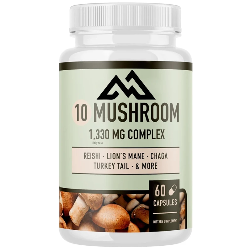 10 types of mushroom compound supplements mixed with lion mane, turkey tail, cordyceps and other extracts for immune support