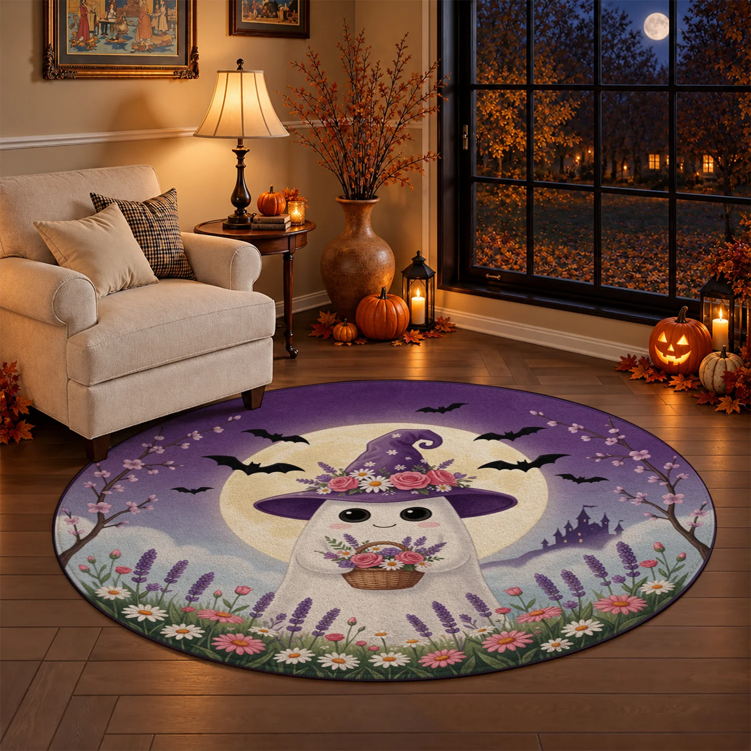 Cute Ghost Witch Floral Moon Bat Pattern Round Velvet Rug, Machine Washable Soft Plush Decorative Floor Mat for Living Room, Bedroom, Entryway, Dining Area, Perfect for Halloween, Thanksgiving, Christmas, New Year, Black Friday, Cyber Monday Home Use
