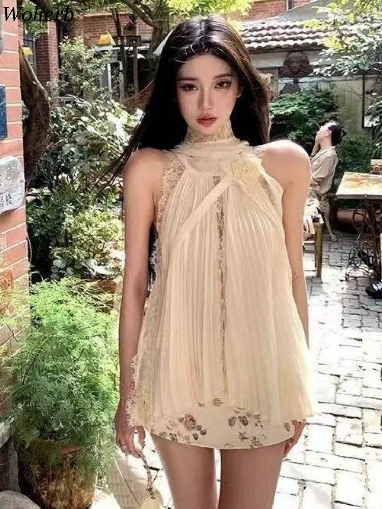 

Temperament Lace Patchwork Lady Blouses Women Clothing 3D Flower Loose Summer Shirt Sleeveless Halter Bandage All Match Blouse