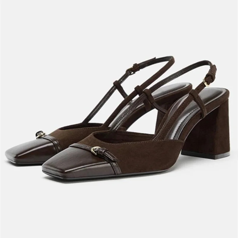

2026 New Suede Chunky Heel Women Pumps Square Toe Elegant Slingbacks Office Dress Shoe Brown Designer Brand Mules Sandals Ladies