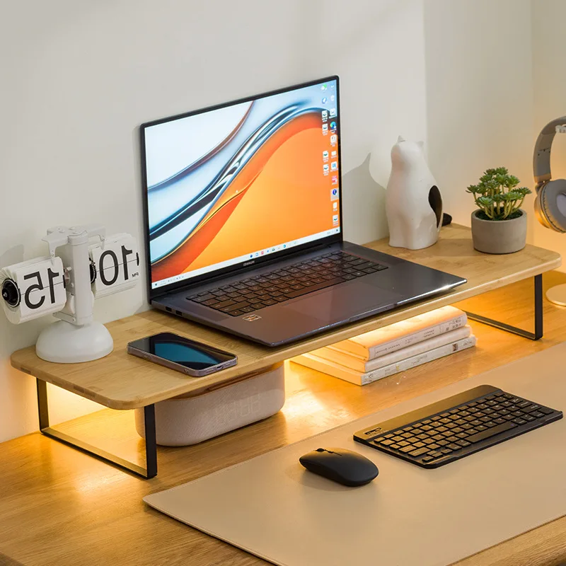 Desktop Heightened Organizer Bamboo Display Monitor Stand Office Desk Keyboard Notebook Holder Convenient Storage Arrangement