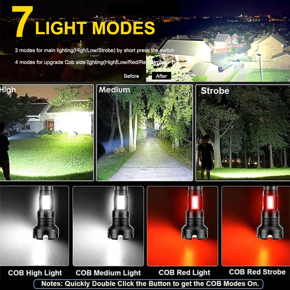 P90Super Bright Tactical Flashlight High Lumen Zoomable LED Flashlight with COB Side Light 7 Modes Floodlight Outdoor Flashlight