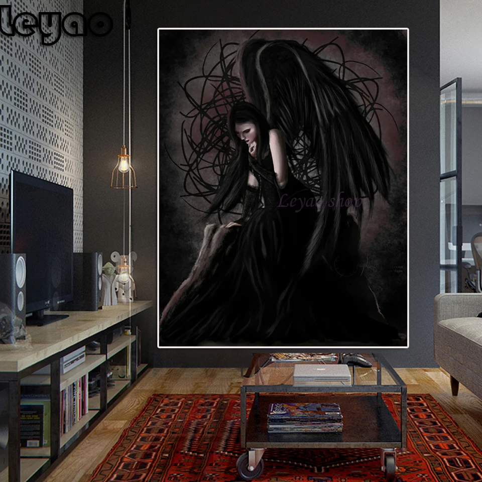 5D DIY Diamond Painting Full Kit Gothics Black Angel Home Diamond Art Beaded Embroidered Fantasy Woman Fallen Angels Home Decor