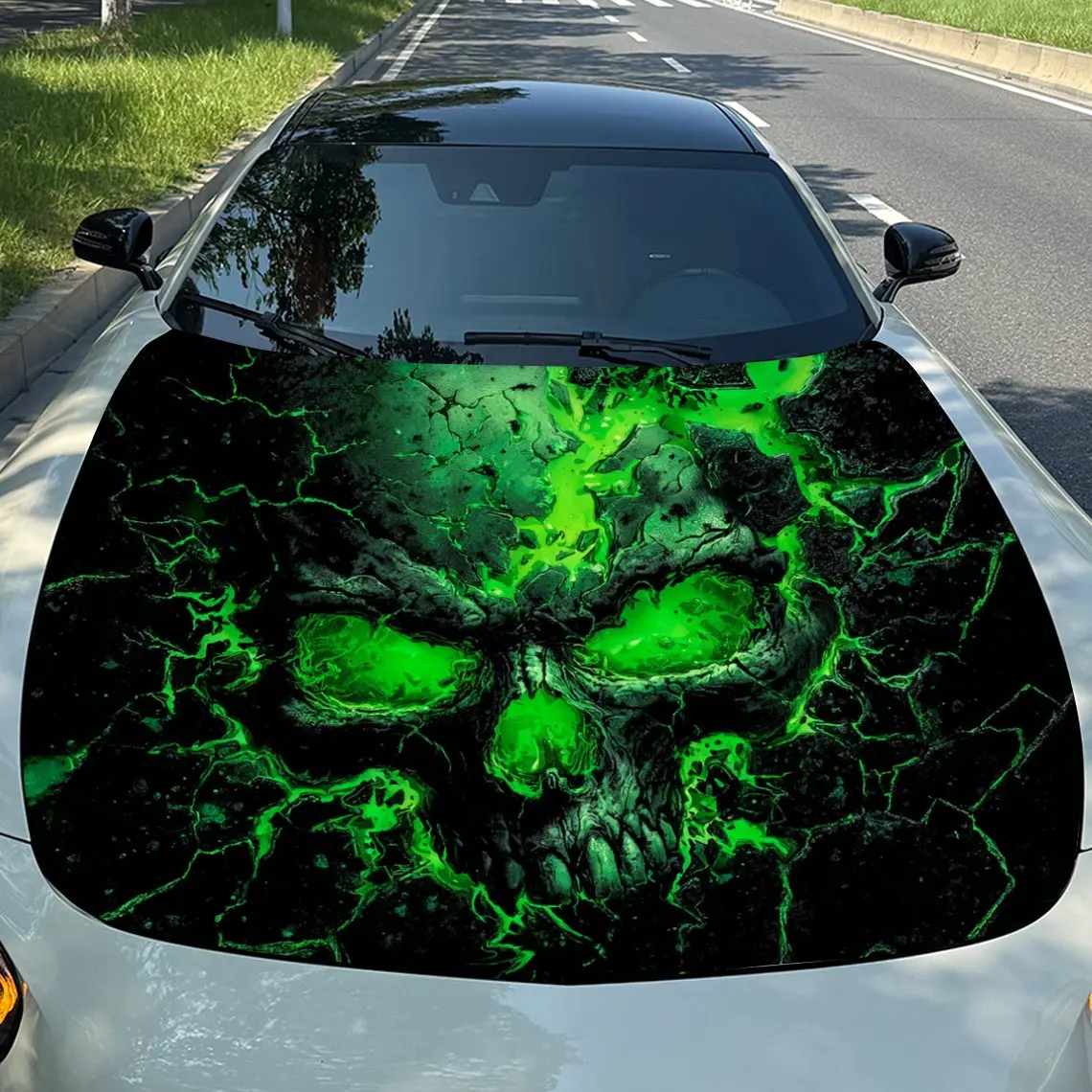 

Green Skull Fission Dark Frenzy Car Vinyl Wrap, PVC Material Waterproof Car Hood Sticker, Self-Adhesive Scratch-Resistant Sticke