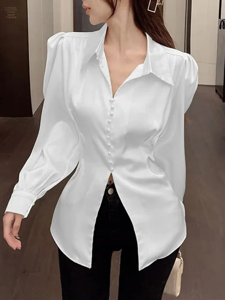

Women Casual Shirt Korean Versatile Hollowed Out Collar Top Back Bow Elegant Fluffy Sleeve Shirt Fashion Slim Fit Office Lady