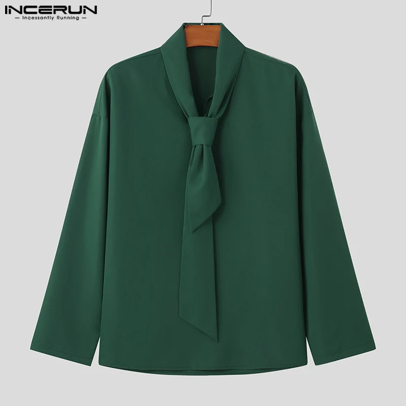 INCERUN Tops 2024 Korean Style Fashion New Men\'s Solid Tie Design Shirts Casual Simple Male All-match Long Sleeved Blouse S-5XL