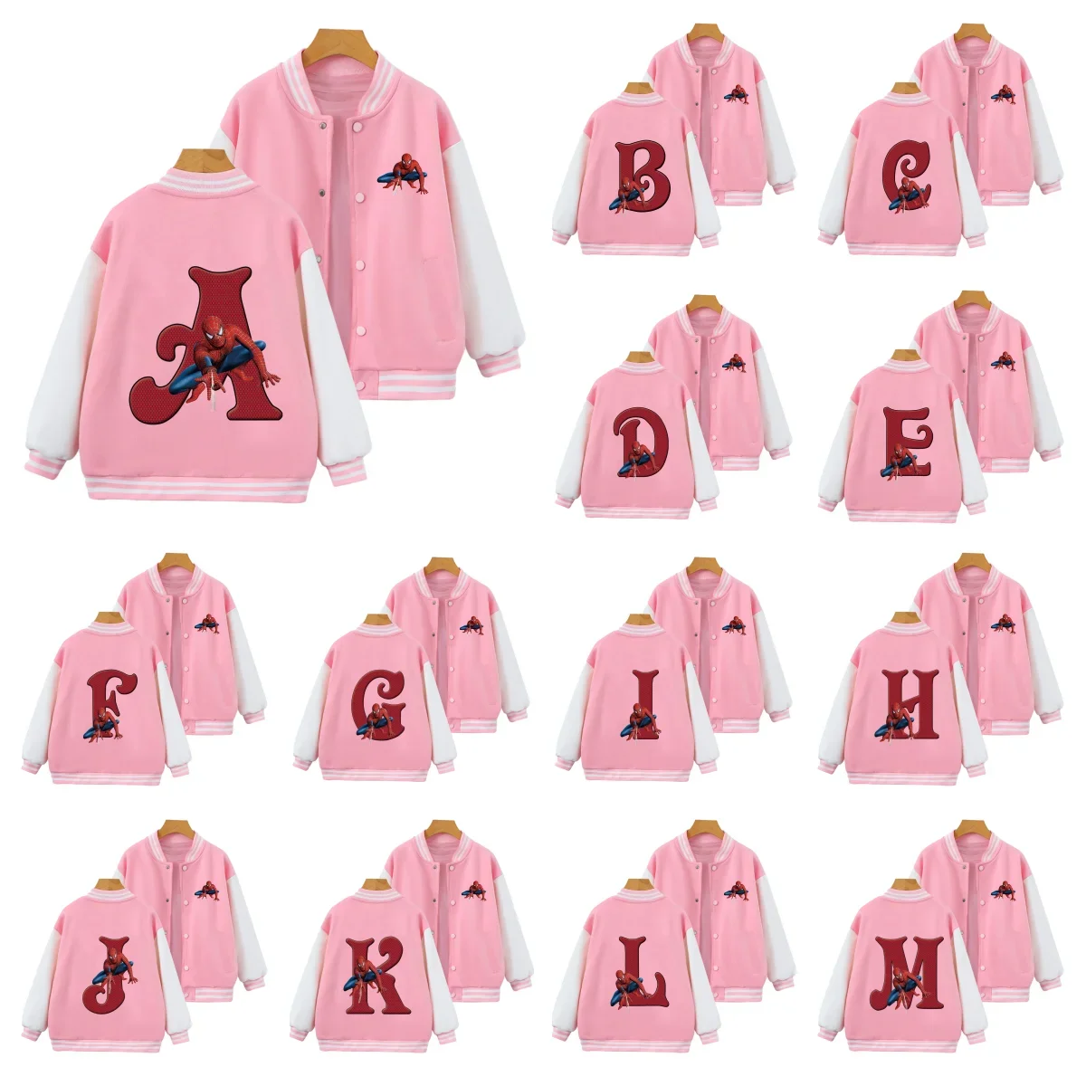 

Spiderman Letter A-Z Girl Boy baseball uniform Marvels Children Pullover Kawaii Cartoons jacket Kid Little Baby Casual Clothes