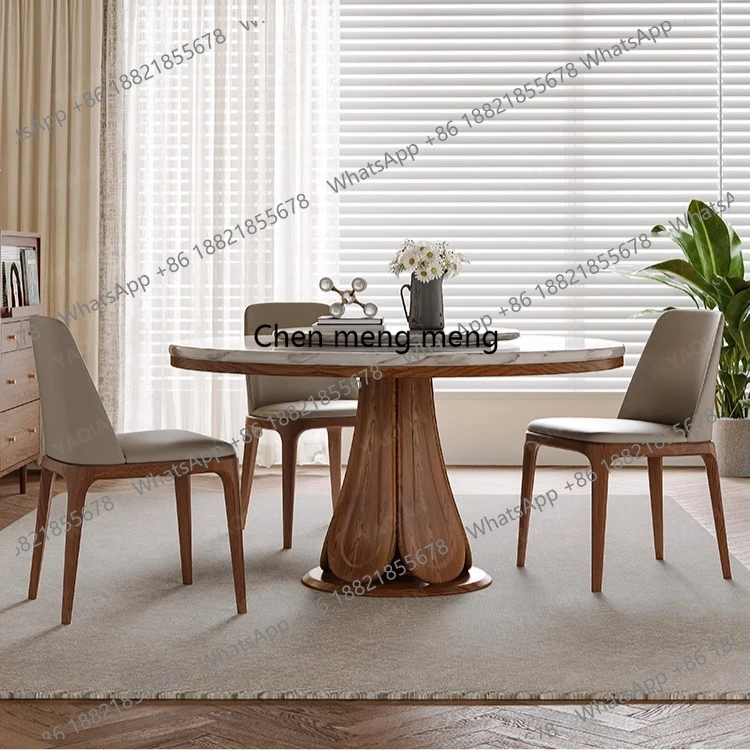 Marmor-Esstisch und Stühle, Kombination aus modernem, schlichtem, rundem Esstisch für den Heimgebrauch in einem mittelalterlichen Stil aus Massivholz