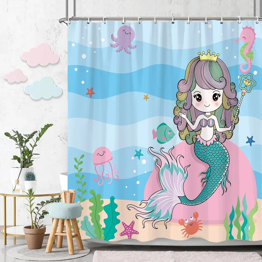 Mermaid Cartoon Shower Curtain Funny Dinosaur Animal Kids Shower Curtains Polyester Fabric Hooks Bathroom Decoration With Hooks