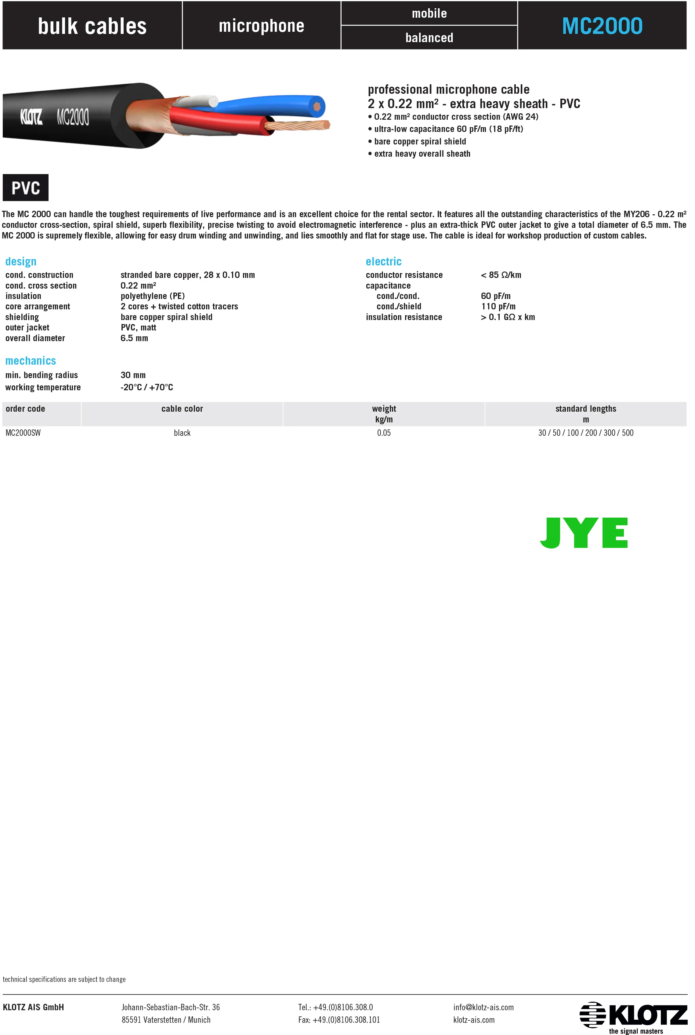 Germany made KLOTZ MC2000SW Superior microphone cable 2*0.22mm2 exra heavy sheath PVC bare copper spiral shield and low capacit