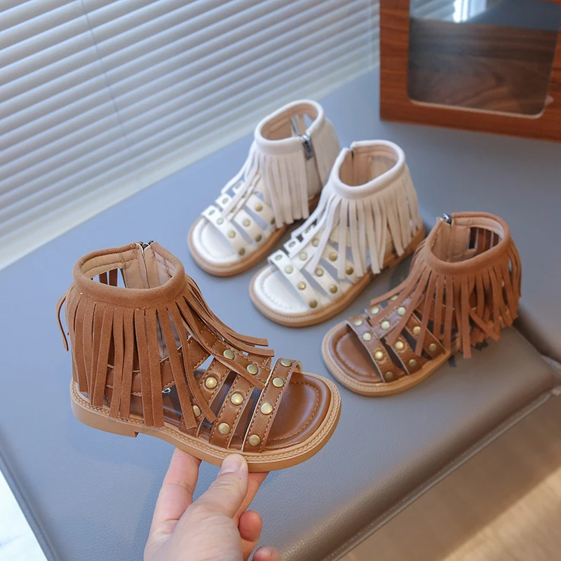 Kids Summer Open Toe Sandals | Fringe Tassel Studded Gladiator Boots | Zipper Closure Roman Shoes for Little Girls 2026 summer