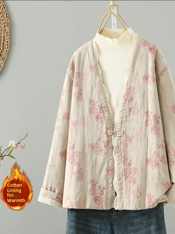 

Новая осенняя женская куртка в китайском ретро-стиле с кружевной отделкой, утепленная, с длинными рукавами, для повседневной носки