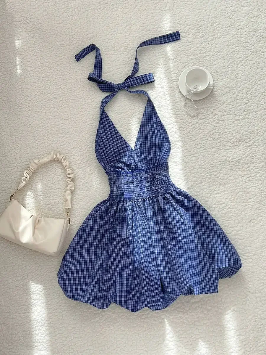 

Women Blue Halter Neck Ruffle Tie Plaid Mini Dress