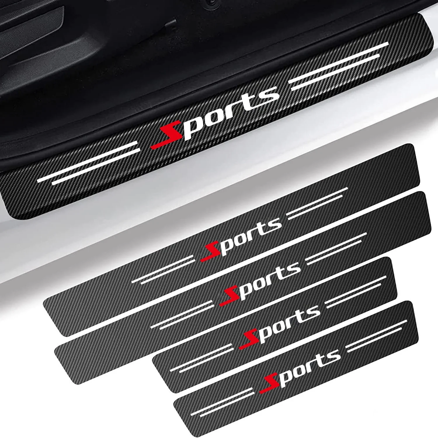 4Pcs Carbon Fiber Leather Car Door Sill Protector Strips, Universal Anti-Scratch Kick Plate Cover, Sports Style