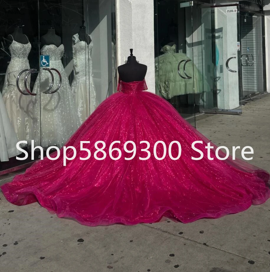 Fuchsia Pink Sparkly Quinceanera Dresses Customsized Gillter Crystal Sequins vestidos de 15 años quinceañeras corset outift