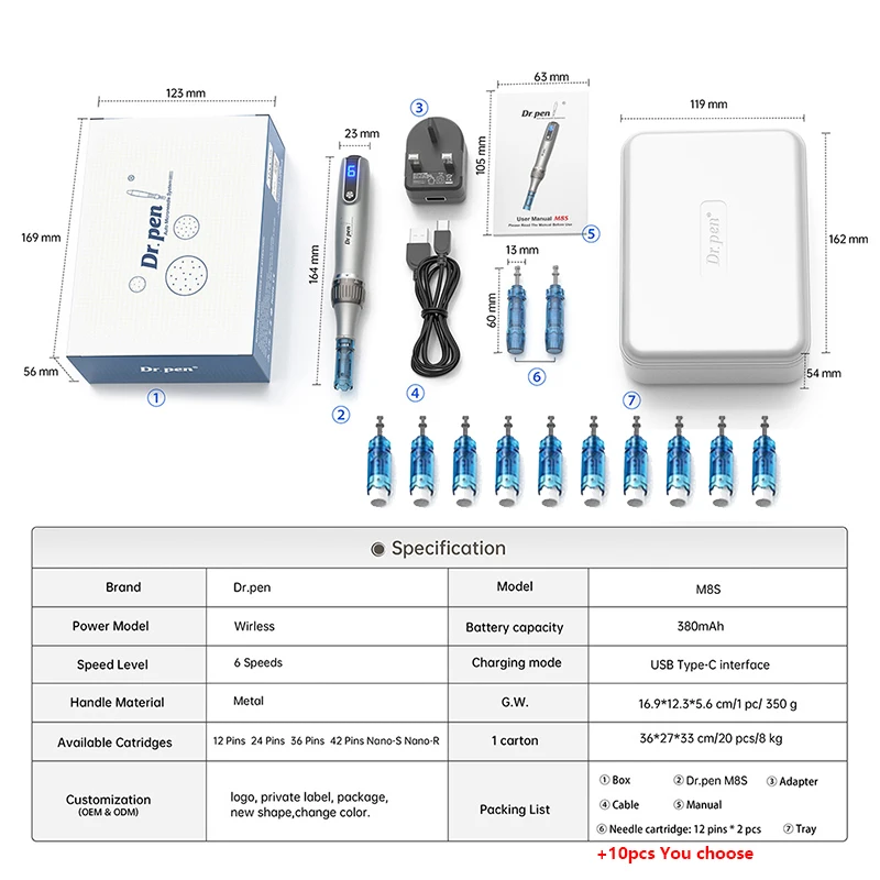 Dr. pen Ultima M8S bezprzewodowy profesjonalny dermapen z 12 igłami do terapii mikroigłami mikroigłowymi
