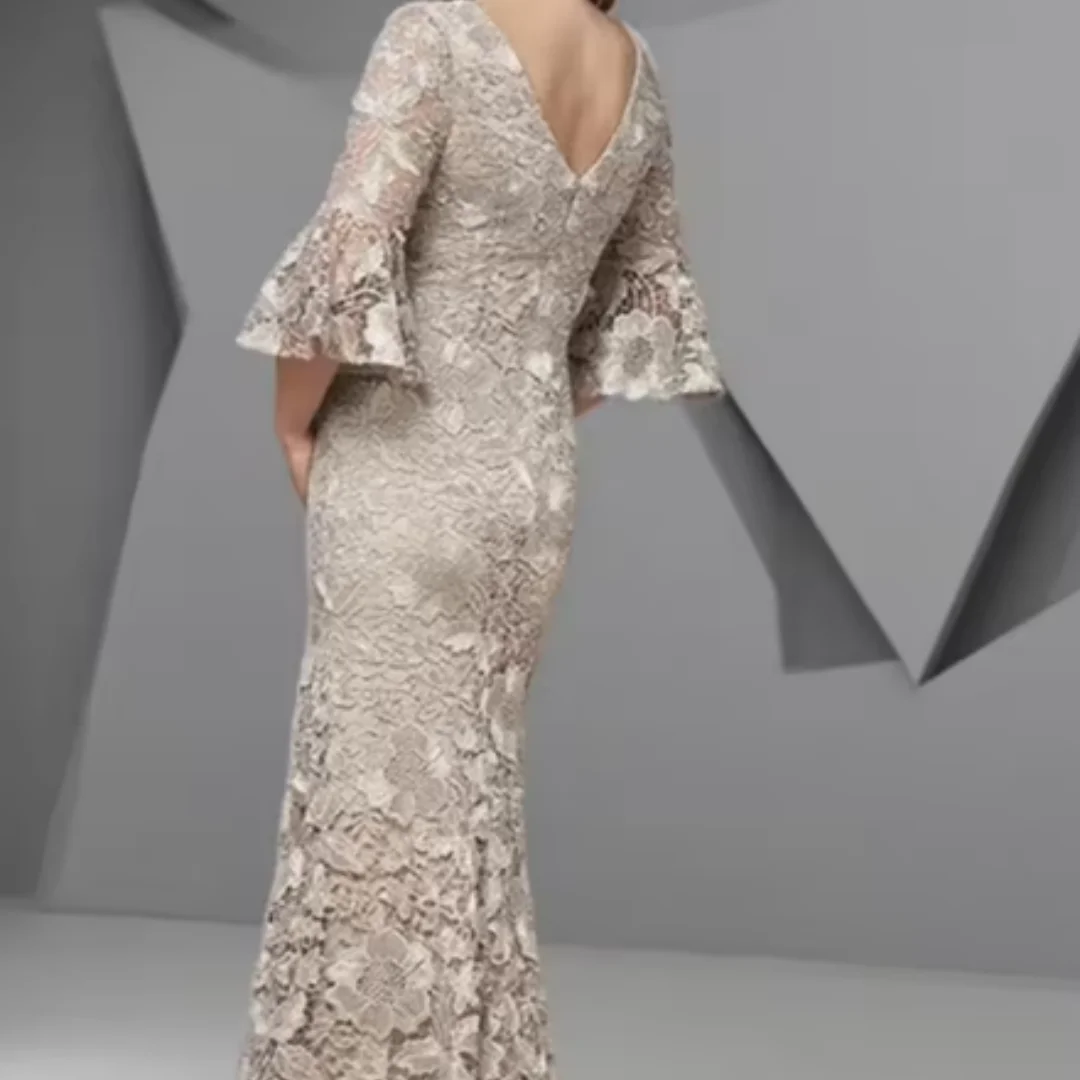 الشمبانيا حورية البحر الدانتيل فساتين أم العروس طول الجانب سبليت فستان الزفاف الضيوف الخامس الرقبة طويلة الأكمام فساتين السهرة