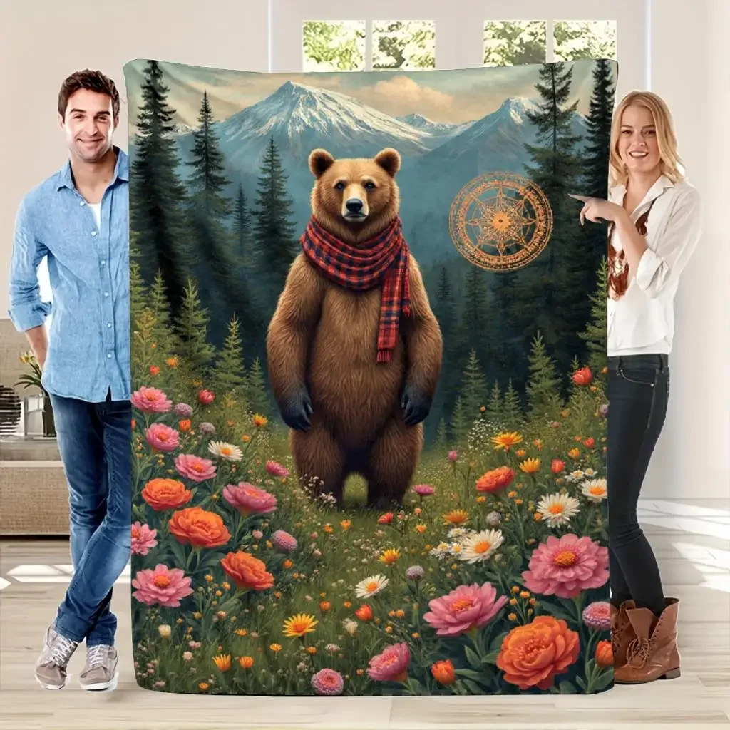 Cute Bear in Forest Meadow Blanket Throw Cozy Woodland Animal Art Decor Gift for Home