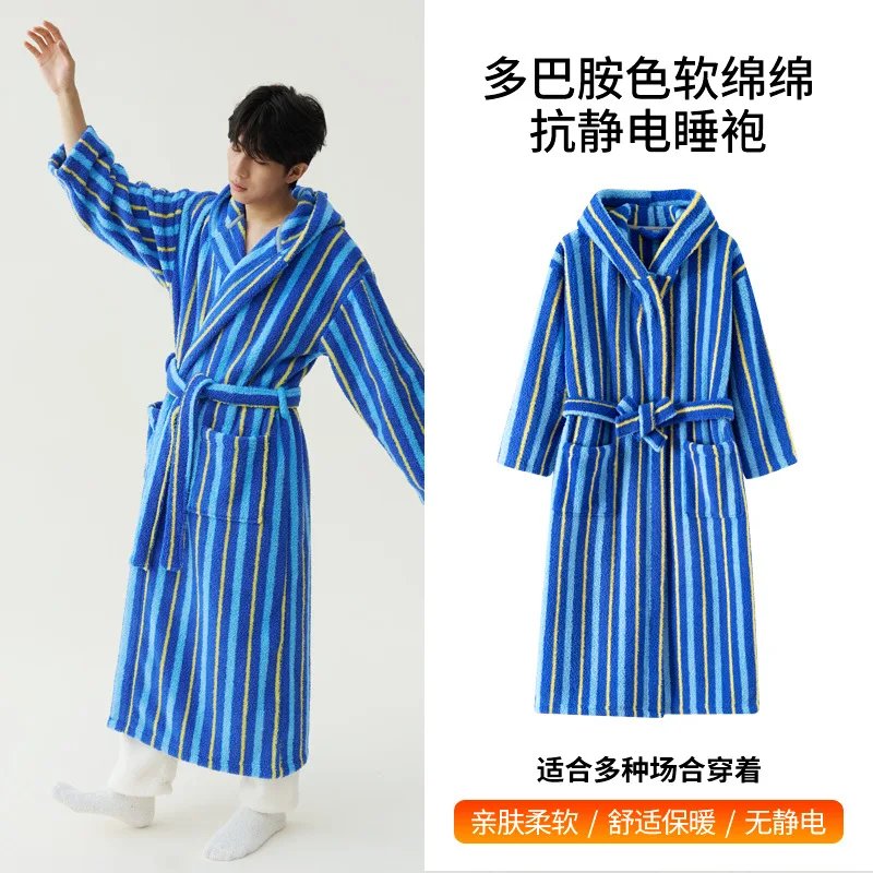 

Winter Thicken Coral Fleece Long Robe For Women Novelty Stripe Kimono Bathrobe Gown Sleepwear Loose Flannel Nightgown Negligee