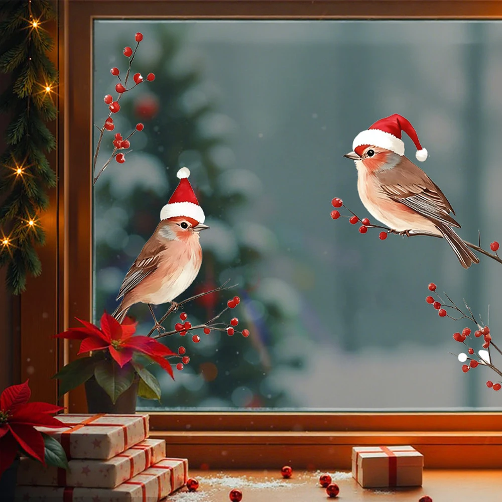 ثلاثة طيور في قبعات سانتا نافذة يتمسك عيد الميلاد موضوع ملصقات الحائط مهرجان التوت الأحمر ديكور عطلة صالح