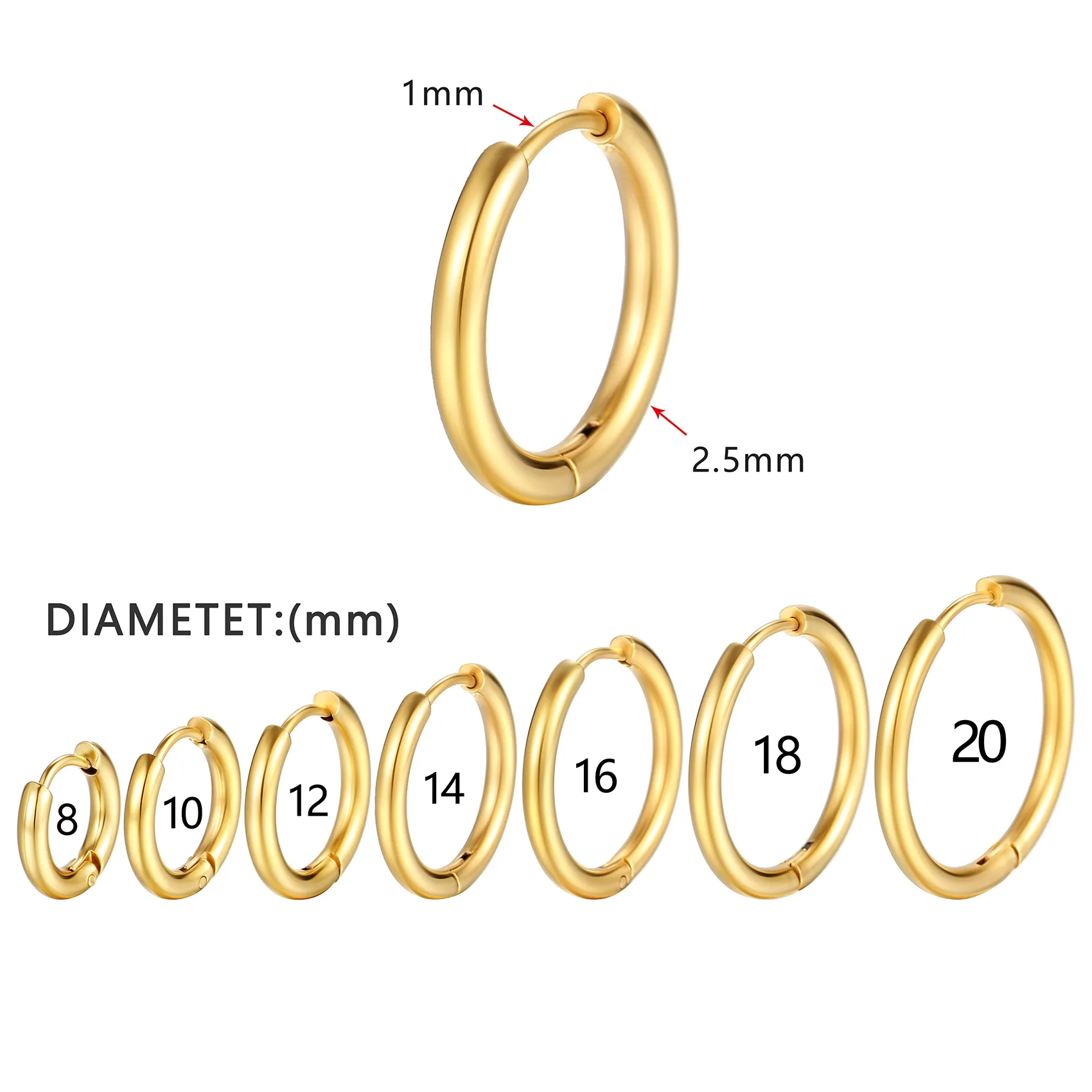 10pcs Glossy Hoop Earrings Gold Black Stainless Steel Tiny Cartilage Earrings Trendy Piercing Small Huggie Female Hoops for Men