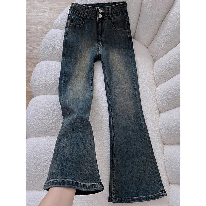 Retro High Waist Bell Bottom Jeans Women's Slim Fit Versatile Design Sensation Bell Pants Cotton Stretch Denim mid Wash