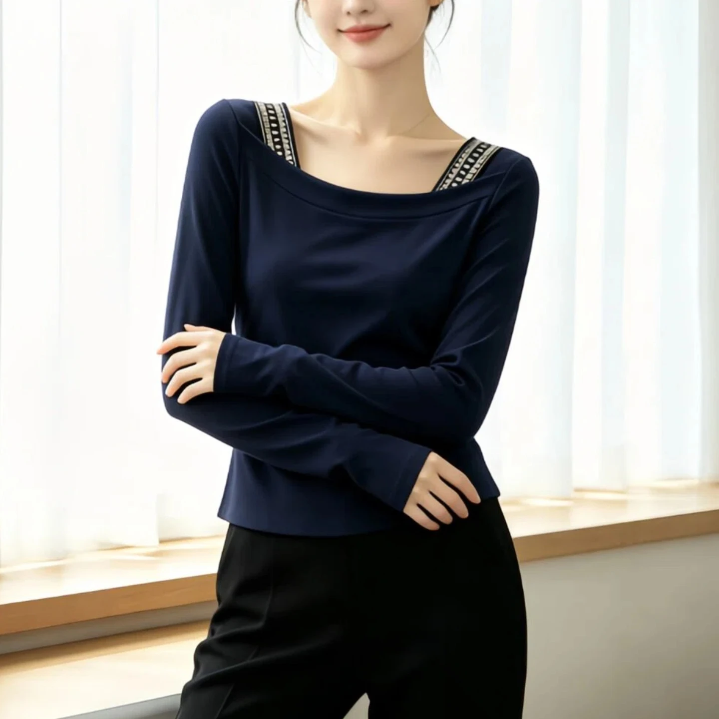 Casual Long Sleeve T-Shirt Women's Korean Style One Shoulder Color Block Base Shirt Inner Wear Top Fashionable Early Autumn N...
