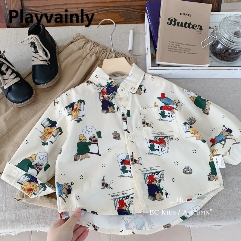 

2025 New Spring Autumn Children Shirts Boys Beige Cartoon Print Turn-down Collar Long Sleeve Tops Kids Clothes Overshirt A0329