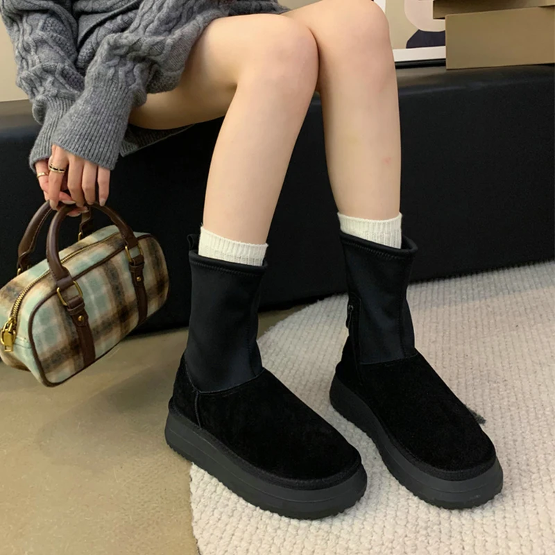 

Winter Women Short Plush Warm Snow Boots Casual Shoes 2024 New Suede Fur Chelsea Ankle Boots Flats Platform Ladies Shoes Botas