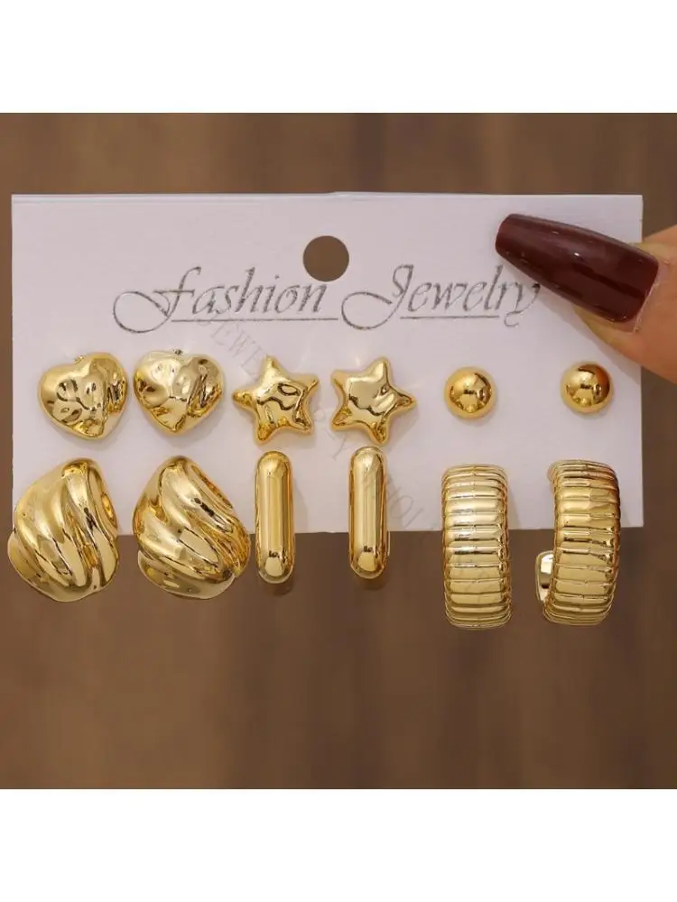 R7UF Geometric Irregular Gold Earrings Stackable Set Made Of Stainless Steel For Everyday Wear And Parties