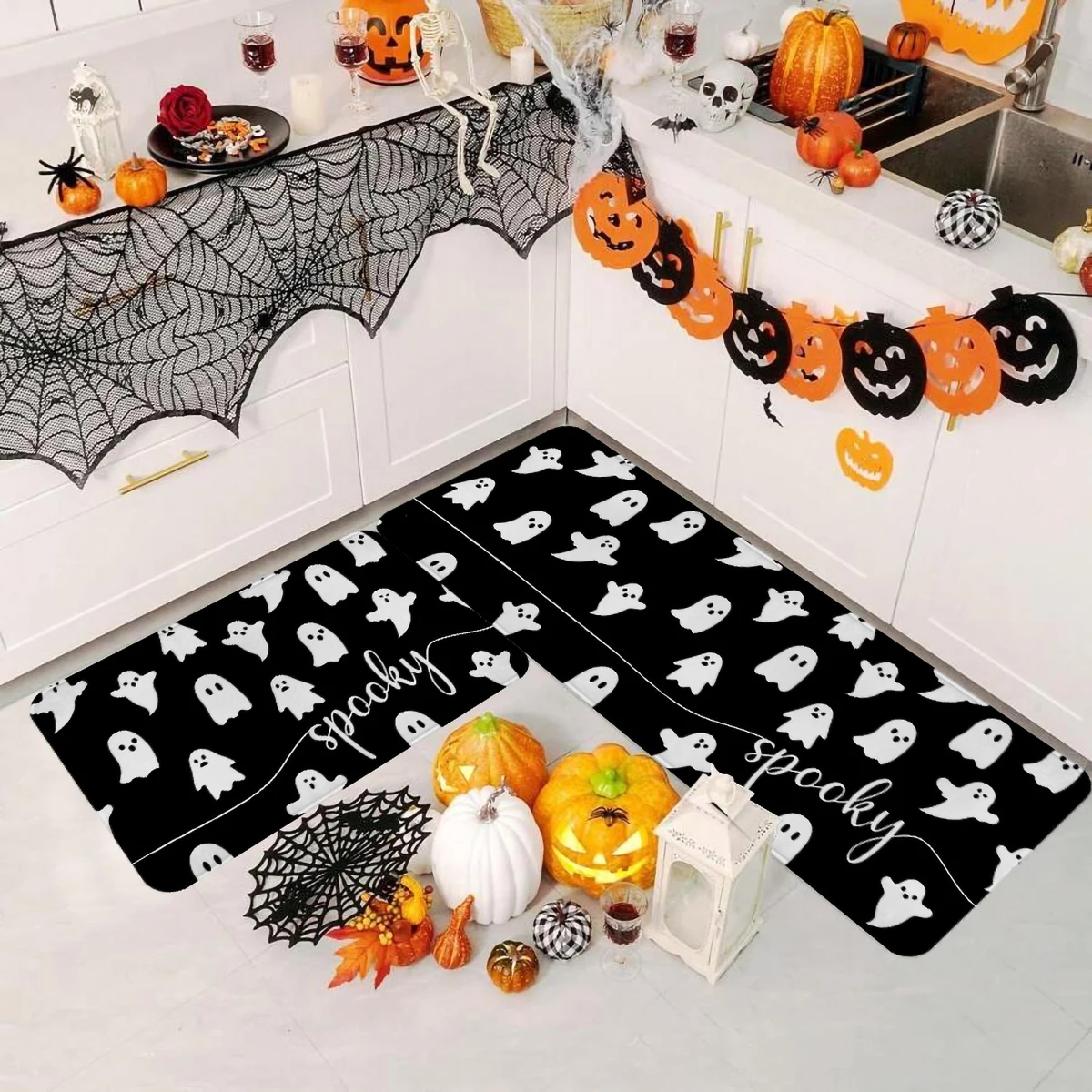 1/2/3 Stück Halloween White Ghost Küchenteppich-Set, ein ausgezeichneter Küchendekorationsteppich für Badezimmer, Schlafzimmer und Veranden,