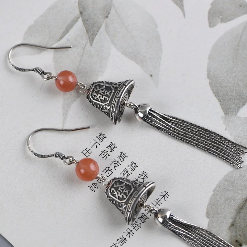 

FNJ 925 Silver Tassel Earrings for Women Jewelry 100% Pure Original S925 Silver Sterling Drop Earring Red Agate