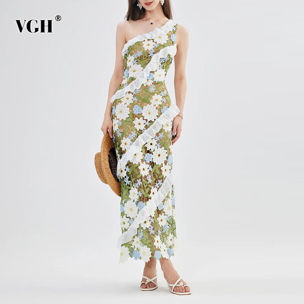 

VGH Sexy Hollow Out Printing Dresses For Women Diagonal Collar Sleeveless High Waist Temperament Dress Female Fashion Style New