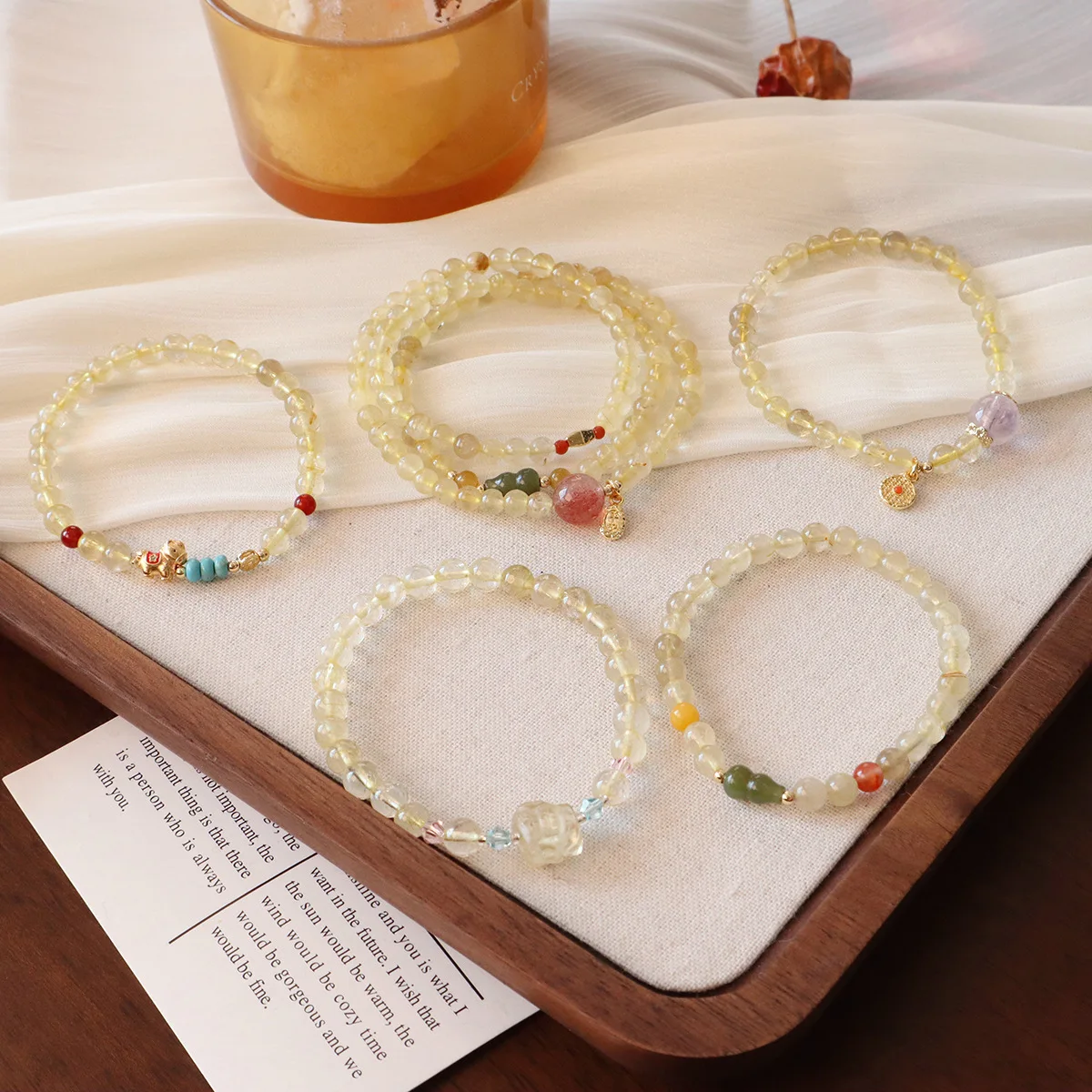 

Natural Crystal Beaded Bracelet Yellow Rutilated Quartz Citrine Amethyst Hetian Jade Luxury Healing Energy Bangle for Women