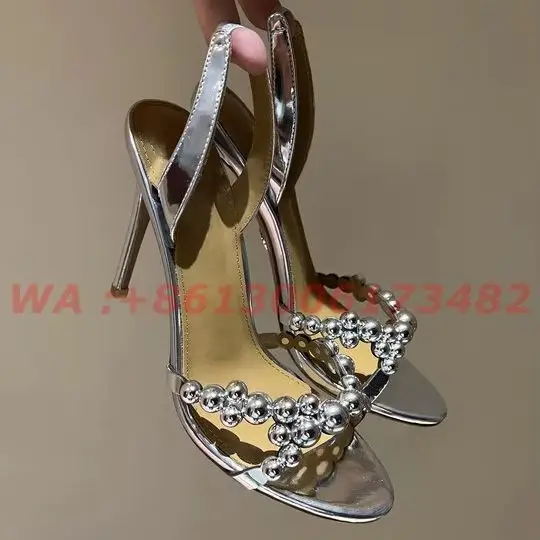 Design Women's Metallic Leather High Heel Bubbles Sandal Open Toe Slingback Sexy Lady plus Size 43